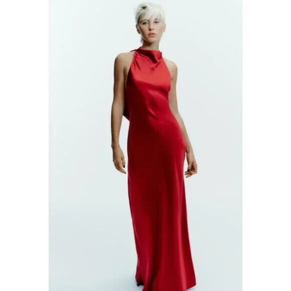 ZARA LONG SATIN HALTER DRESS - Picture 4 of 7